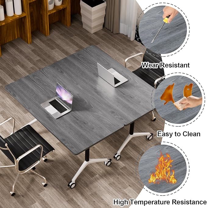 Folding Conference Table, Modern Large Conference Room Tables with Flip-Top Design, Foldable Conference Table Meeting Table with Wheels, Mobile Seminar Training Tables for Office Classroom (4, Oak)