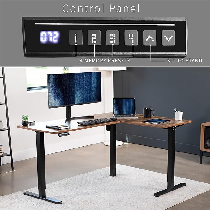 VIVO Electric Corner L-Shaped 63 x 47 in Rustic Standing Desk, Memory Height Adjustment, Vintage Brown Top Black Frame, DESK-E3CTN-47