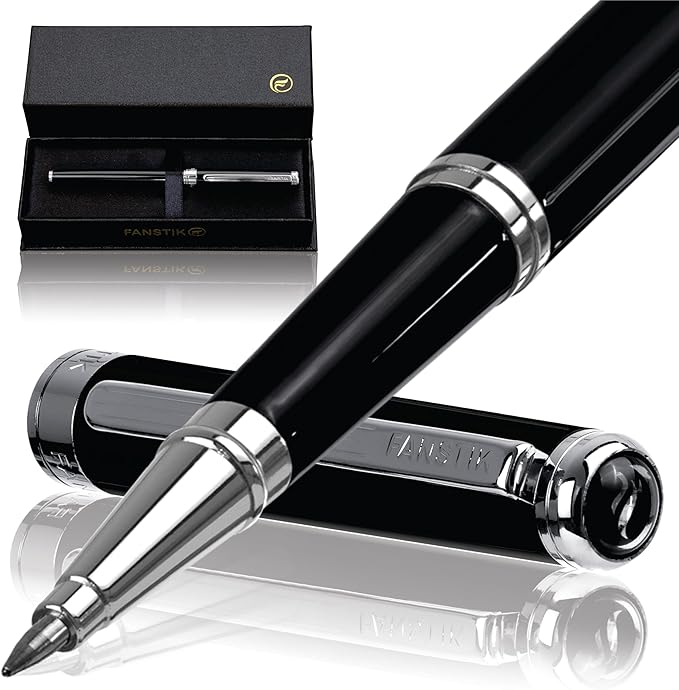 Customized Black & Silver Luxury Rollerball pen (Made In USA) fancy gift set for women, Real 24K Gold Plating, Professional executive pen gift set for men (Lux Custom-Rollerball Black-Silver)