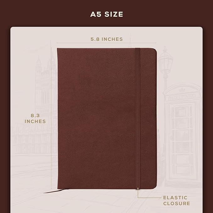 BEECHMORE BOOKS Lined Journal Notebook, 5.8 x 8.3 inch, A5 160 Lined Pages, Hardcover Leather Journals for Women, Men, Writing and Notebooks for Work - 120 GSM Thick Paper, Gifts Box Included (Chestnut Brown)