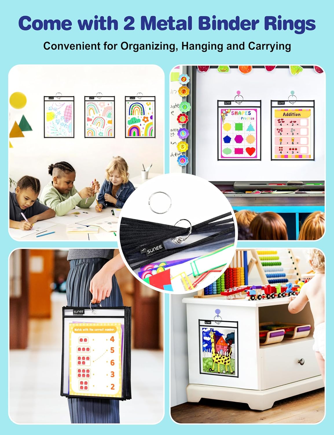 SUNEE 50 Packs Oversized Reusable Dry Erase Pocket Sleeves with 3 Rings, Black 10x14 Ticket Holders, Clear Plastic Sheet Protectors, Teacher School Classroom Supplies