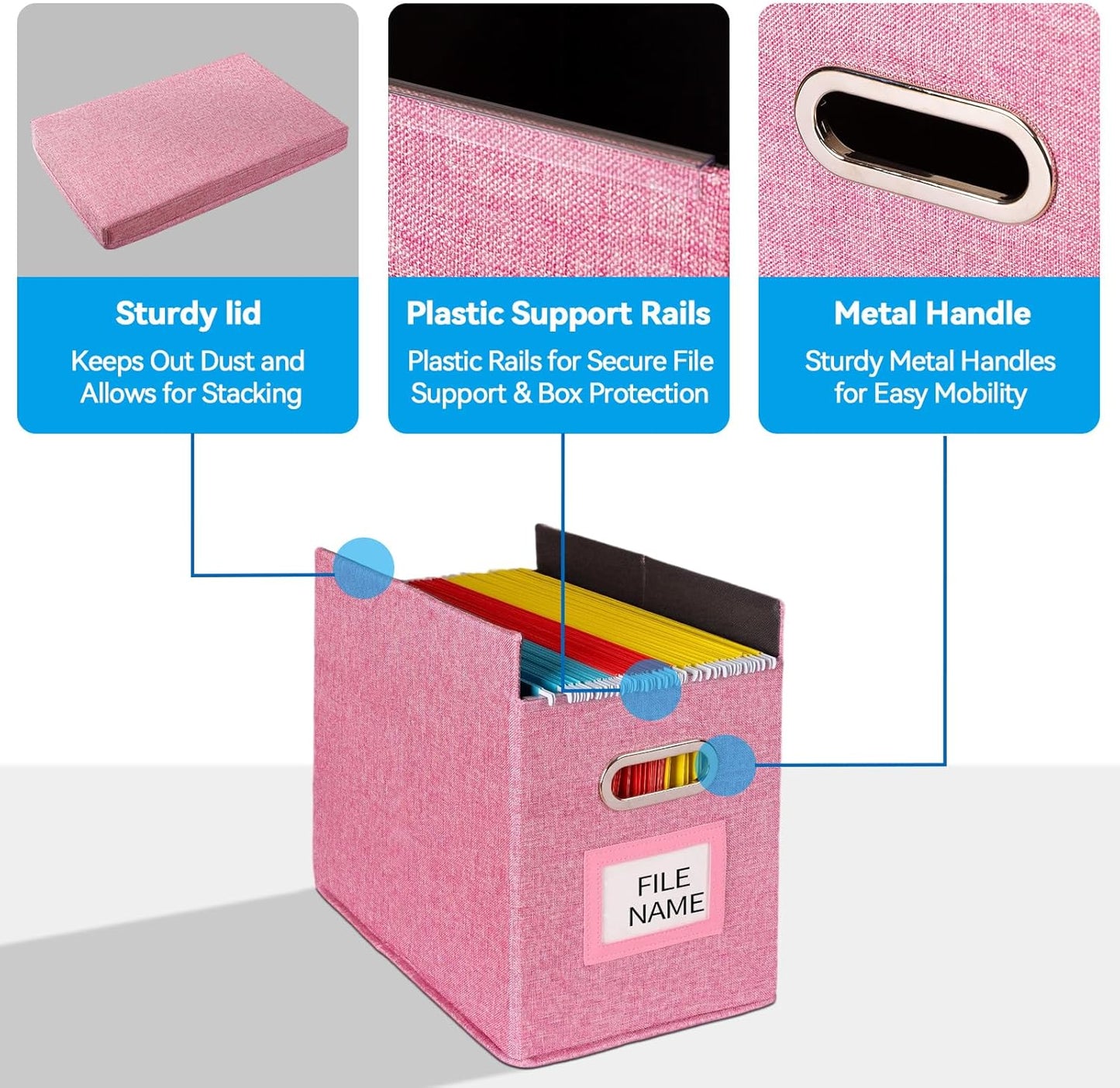 2 Pack Hanging File Folders Organizer with Lid, Letter Size Fabric File Storage Box Collapsible, Portable Office Document Holder with Metal Handle, Smooth PVC Rails, Pink