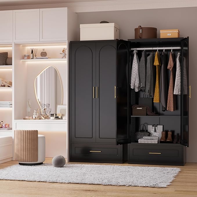 Metal Armoire Wardrobe Closet with Drawer, 71“ Tall Freestanding Wardrobe Cabinet with Doors and Shelves, Large Armoire with Hanging Rod, Clothes Cabinets for Bedroom, Black, Assembly Required