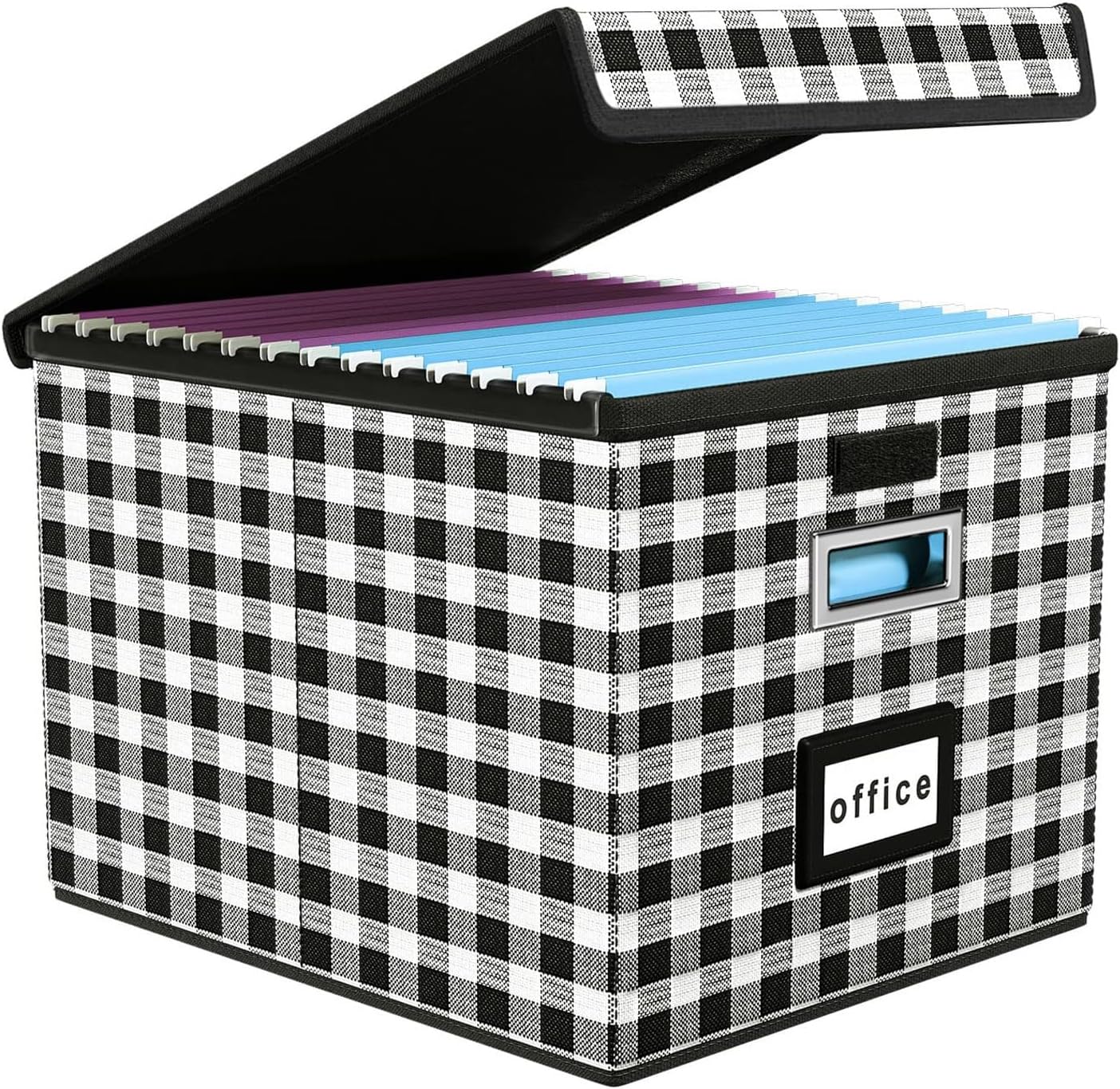 Huolewa Collapsible File Storage Organizer Box with Lid, Lattice Linen Office Document Storage, Universal Hanging Filing Organization Box for Letter/Legal Folder, Decorative Home File Bin