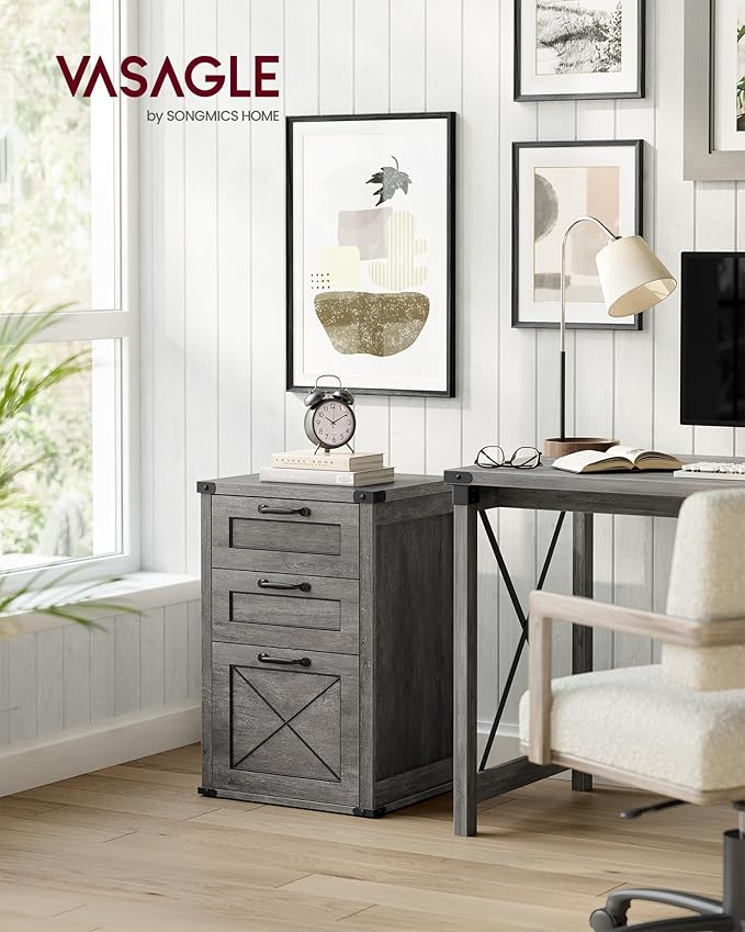 VASAGLE File Cabinet, Filing Cabinet with 3 Drawers, Printer Stand, Fit A4, Letter Size, Hanging File Folders, Modern Farmhouse Style, for Home Office, Misty Gray UOFC054G01