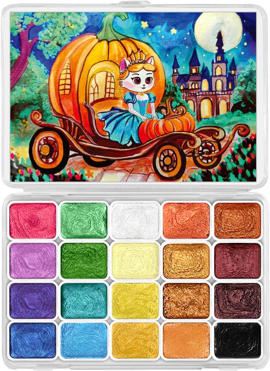 Mini Glitter Watercolor Paint Set, 20 Colors Shimmer Metallic Watercolour Painting Sets, Solid Pearl Water Color Paints for Kids, Adult, 1ml Trial Pack (Pumpkin Castle)