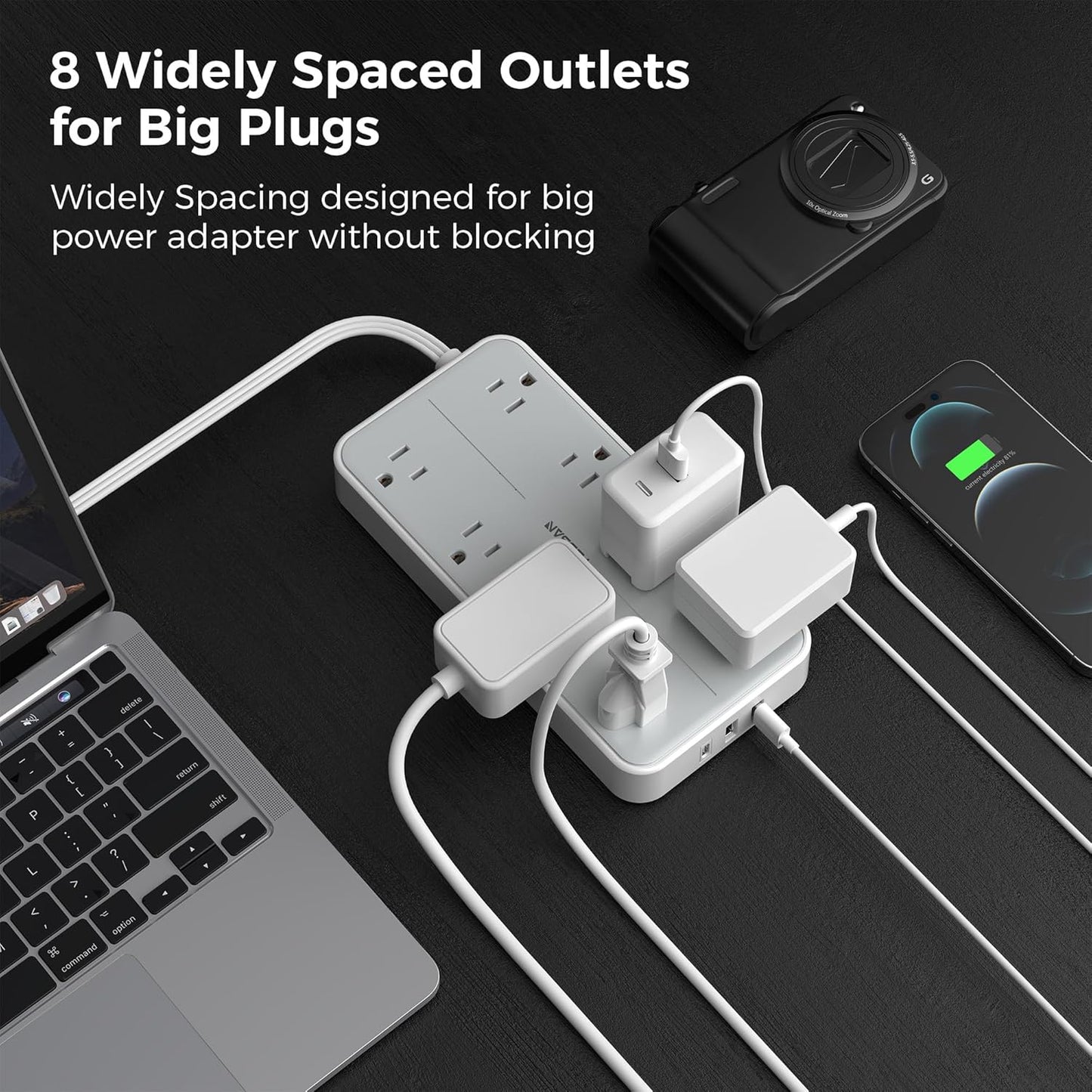 Flat Plug 15 FT Extension Cord, TESSAN Surge Protector Power Strip with 8 AC and 3 USB(1USB-C) Ports, 1080J Protection, Wall Mount Widely Spaced Charging Station for Home, Office, School, Dorm Room