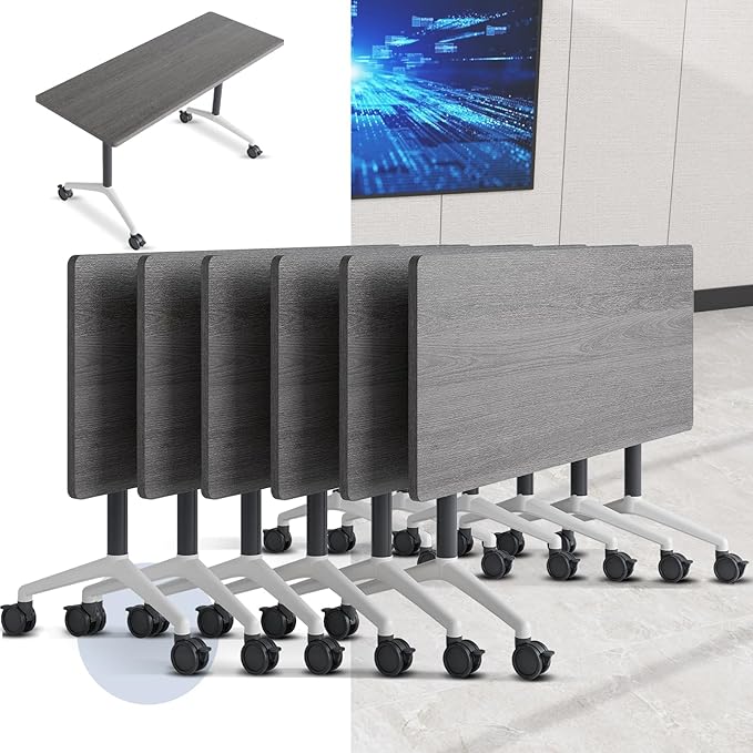 Folding Conference Table, Mobile Training Table for Office Conference, Modern Modular Rectangular Work Desk Meeting Seminar Work Tables with Caster Wheels, Large Breakroom Tables (6Pack L47.2in)