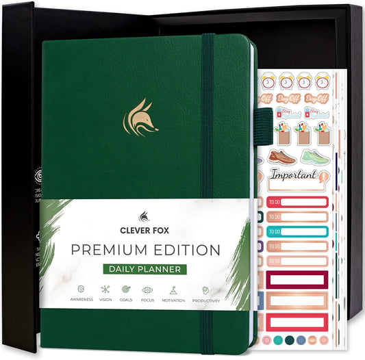 Clever Fox Planner Daily Premium – Undated Daily Planner with Hourly Schedule, Personal Organizer, Productivity Journal, 6 Months (Forest Green)