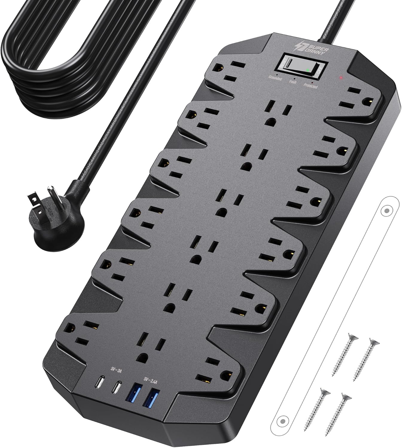18 Widely Outlets Power Strip, SUPERDANNY Surge Protector with 4 USB Ports, 15FT Flat Plug Heavy Duty Extension Cord, 2100J, 1875W/15A, Wall Mount Holes for Home, Office, Dorm, Black
