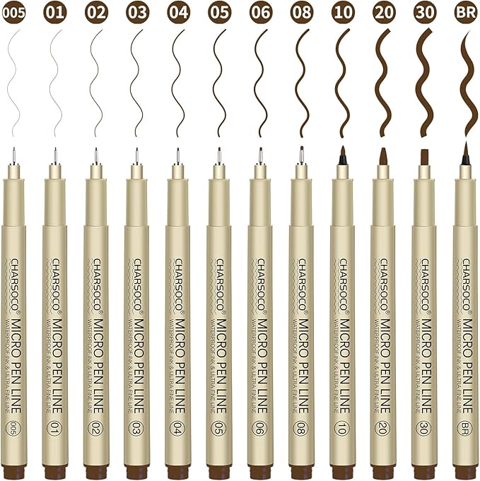 Brown Micro Pens, 12 Sizes in 0.23mm - 5mm, Waterproof Archival Ink, Fine Point Pen for Artist Illustration, Sketching, Anime, Manga and Technical Drawing