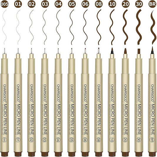 Brown Micro Pens, 12 Sizes in 0.23mm - 5mm, Waterproof Archival Ink, Fine Point Pen for Artist Illustration, Sketching, Anime, Manga and Technical Drawing