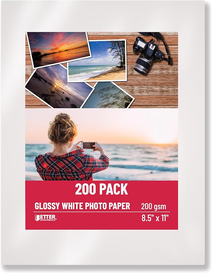 Glossy Photo Paper, 8.5 x 11 Inch, 200 Sheets, by Better Office Products, 200 gsm, Letter Size, 200-Count Pack