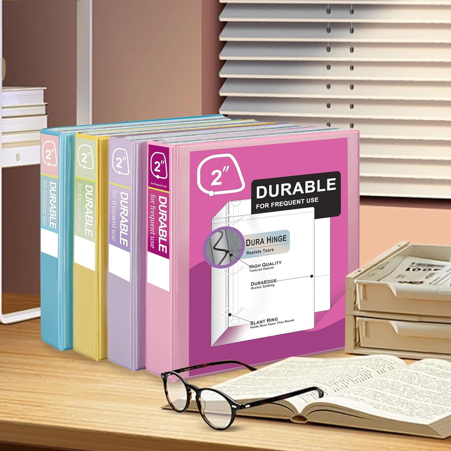 Zzrywuty Durable 3 Ring Binder, 2 Inch, Economy 4 Pack, Each Holds 540 Sheets, D-Ring Presentation View Binders for Office, School, Home (Pastel Assortment)