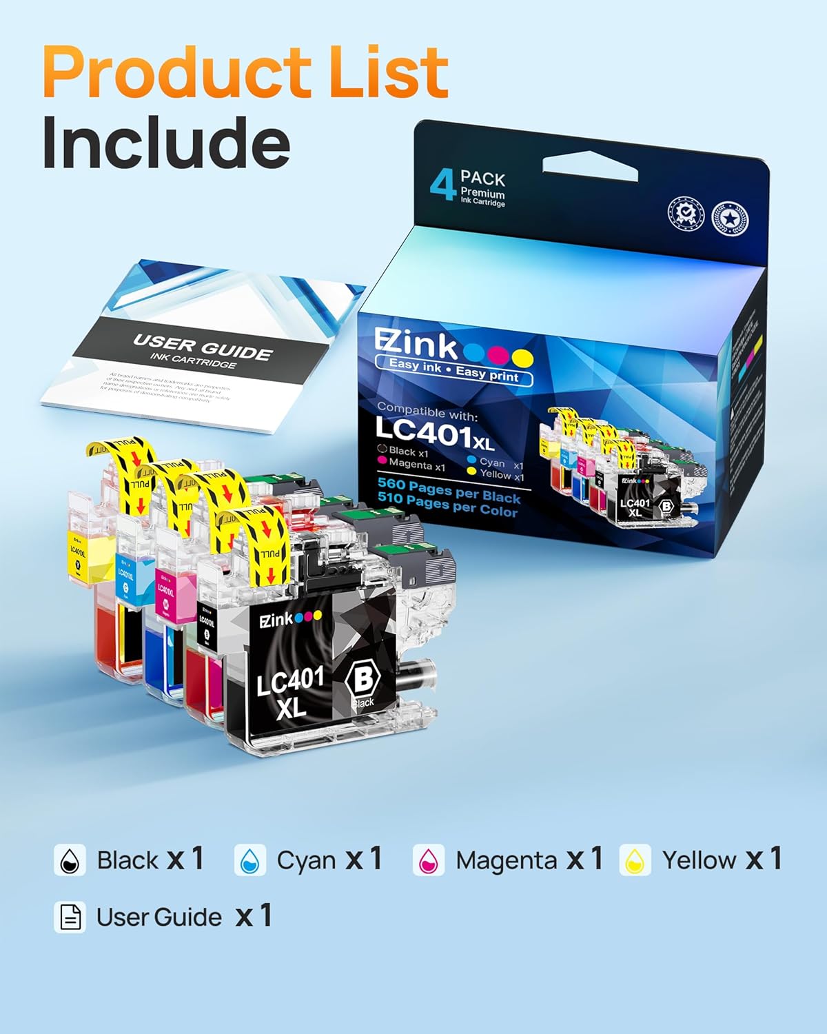 E-Z Ink Compatible LC401XL Ink Cartridge Replacement for Brother LC401 XL LC401XL LC 401 Ink High Yield to use with Brother MFC-J1010DW MFC-J1012DW MFC-J1170DW DCP-J1800DW DCP-J1140DW Printer (4 Pack)