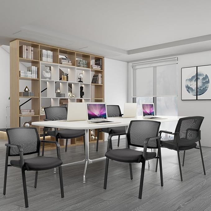 CLATINA Mesh Back Stacking Arm Chairs with Upholstered Fabric Seat and Ergonomic Lumber Support for Office School Church Guest Reception Black