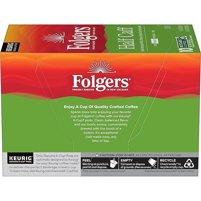 Folgers Half Caff Coffee, Medium Roast, Keurig K-Cup Pods, 10 Count (Pack of 6)