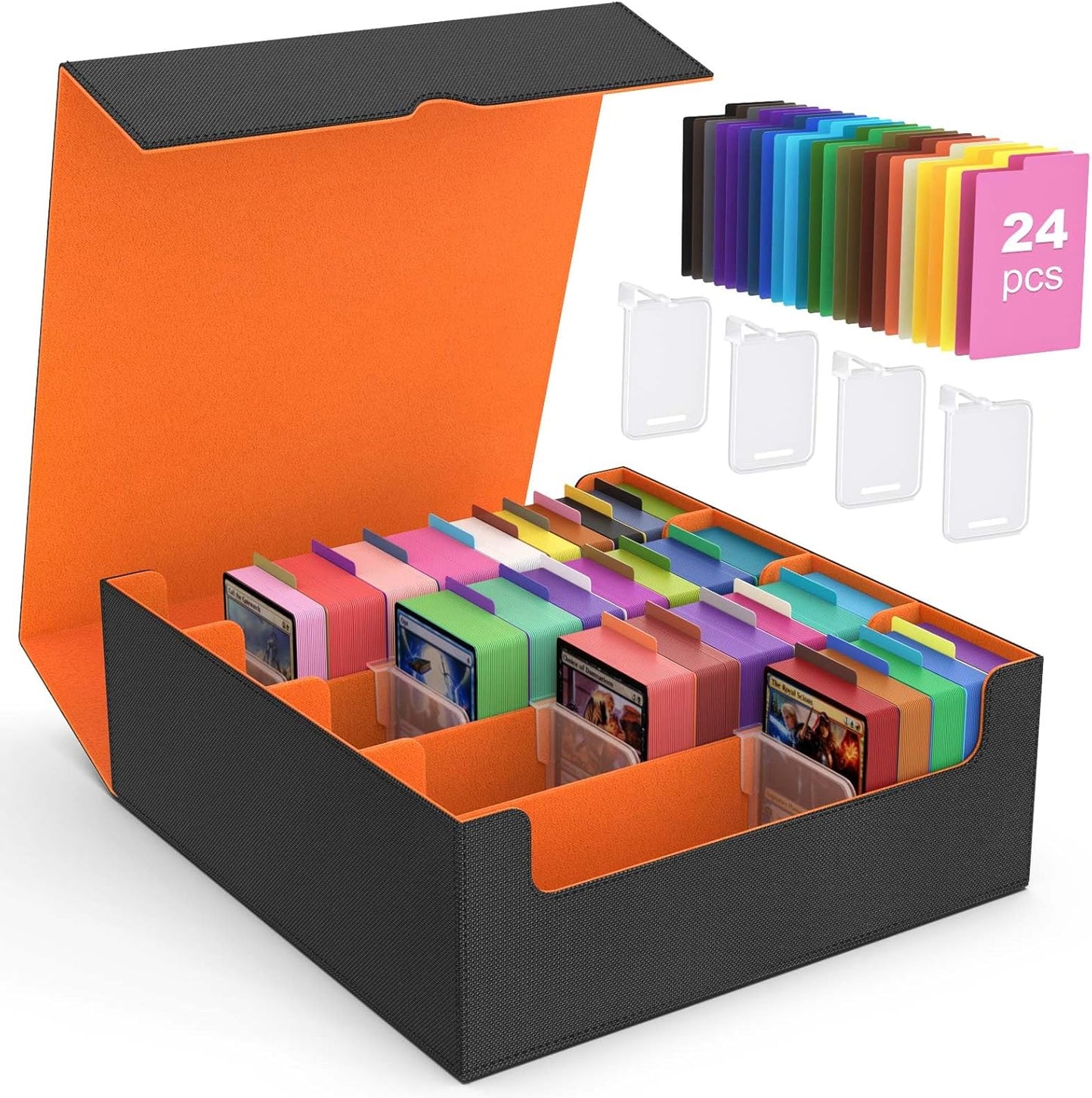 MoKo Trading Card Storage Box, 3000+ MTG Deck Box with 24 Colorful Dividers & 4 Card Supporters, Commander Card Deck Case Fits for Magic Game Cards, YugiOh, TCG, PTG and Sport Cards, Orange