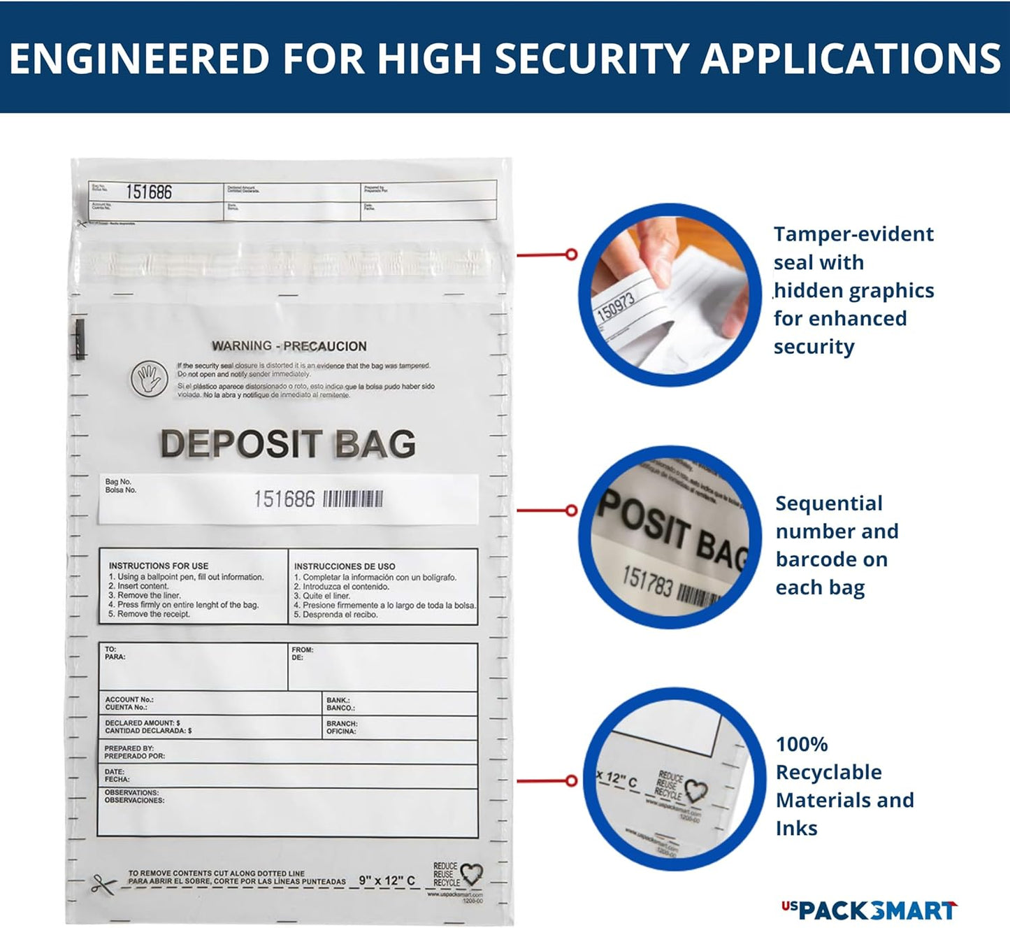 Clear Plastic Deposit Bags 10"x13" | Secure Bank Deposits, Cash Handling or Safe Currency Transportation | Sequential Barcodes | Tamper-Evident | Tear-Off Receipt for Security | 100-Pack
