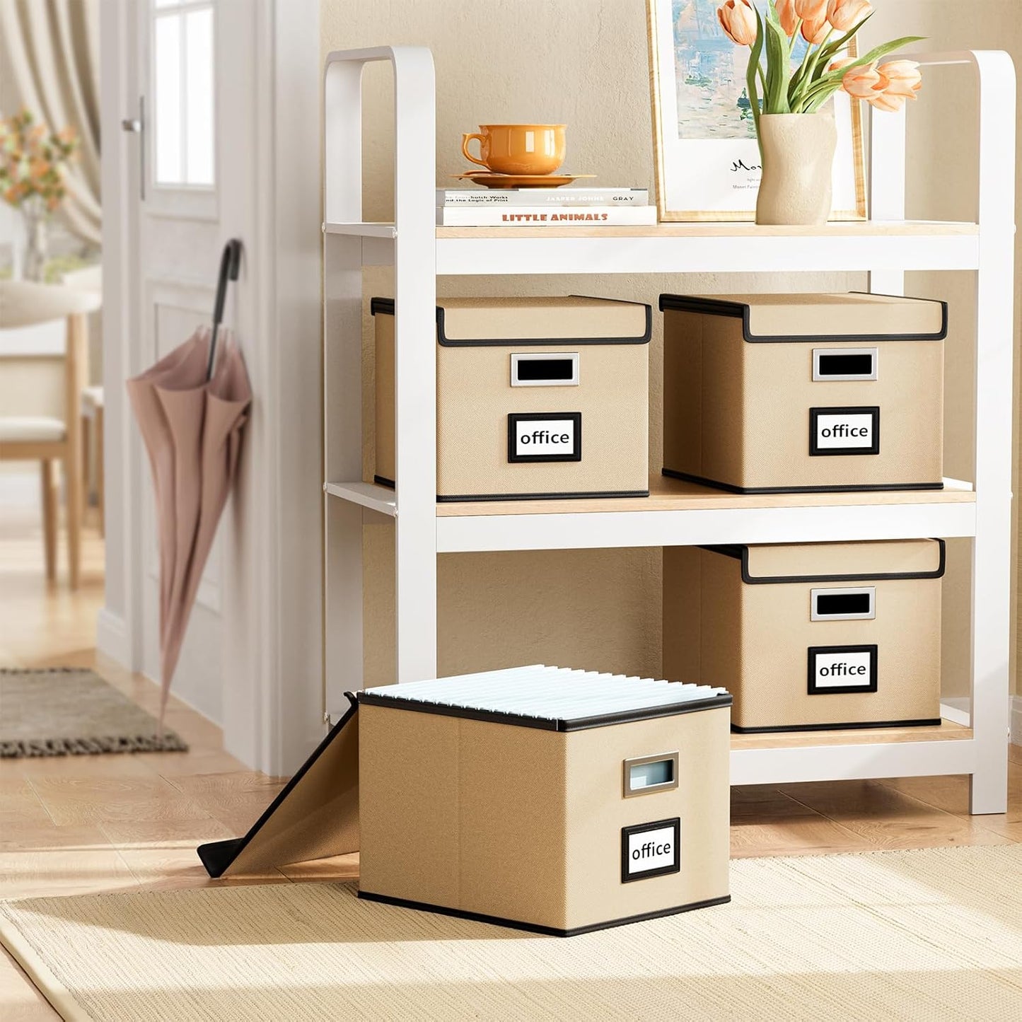 Huolewa File Organizer Box with Lid, Collapsible File Folder Organizer for Office Document Storage, Filing Box with Plastic Slide for Letter/Legal Size Hanging Files, Brown, 2 Pack