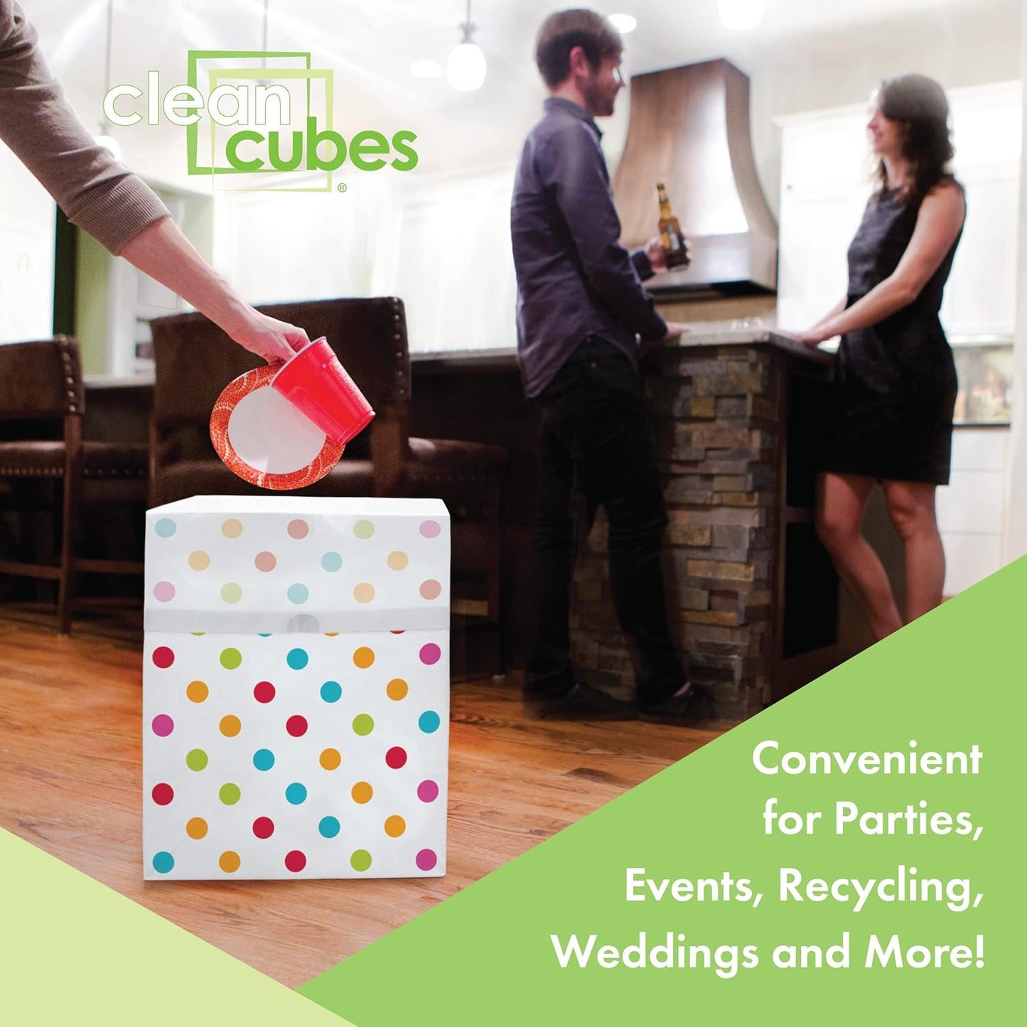 | 13 Gallon Disposable Trash Cans (6-Pack) with Fitted Trash Bags - Reusable Garbage and Recycling Bins for Parties, Events, and More (Polka Dot - 17" Height x 13.5" Width x 10" Depth)