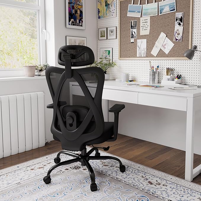 Ergonomic Office Chairs with Adjustable Headrest and Lumbar Support, High Back Mesh Home Computer Desk Chairs with 3D Armrest, 360° Swivel Wheels and Rocking Function, Black