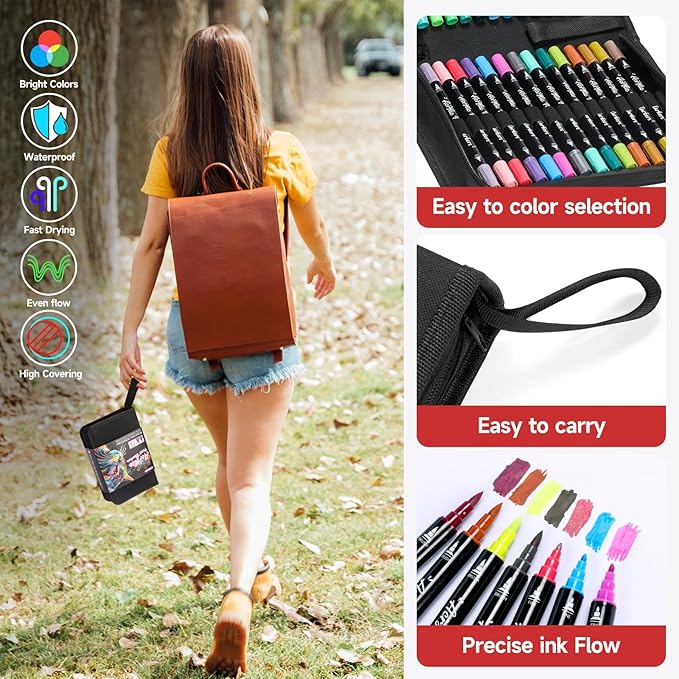 Acrylic Paint Markers, 48 Color Dual Tip Acrylic Paint Pens with Brush and Fine Tips for Rock Painting,Wood,Canvas,Ceramic,Card Making,Vibrant Color Ideal for Artists, Crafters & DIY Projects