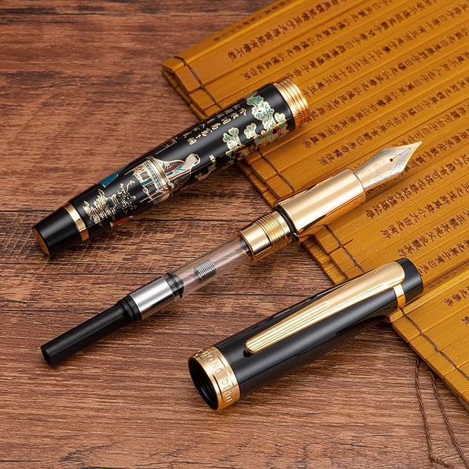 Hongdian 231 Chinese Classical Fountain Pen, Iridum Fine Gold Nib with Chinese Painting Design, Smooth Writing Pen with Ink Converter and Metal Pen Box Set