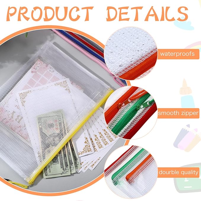 200 Pcs A4 Mesh Zipper Pouch Bulk Waterproof Mesh Zipper Organizer Plastic File Folder Case for School Office Supplies Document Board Games Puzzle(Multicolor)