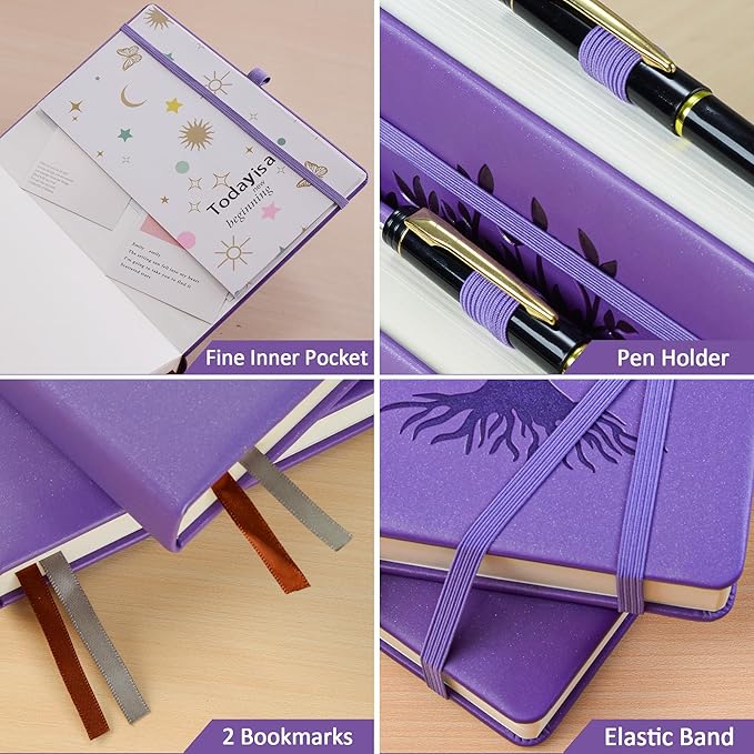 ZXHQ A5 Bullet Dotted Journal Notebook - 150gsm Thick Paper, 256 Pages, Dot Grid Hardcover, Tree of Life Design, Fine Inner Pocket - 5.9" × 8.5" Purple