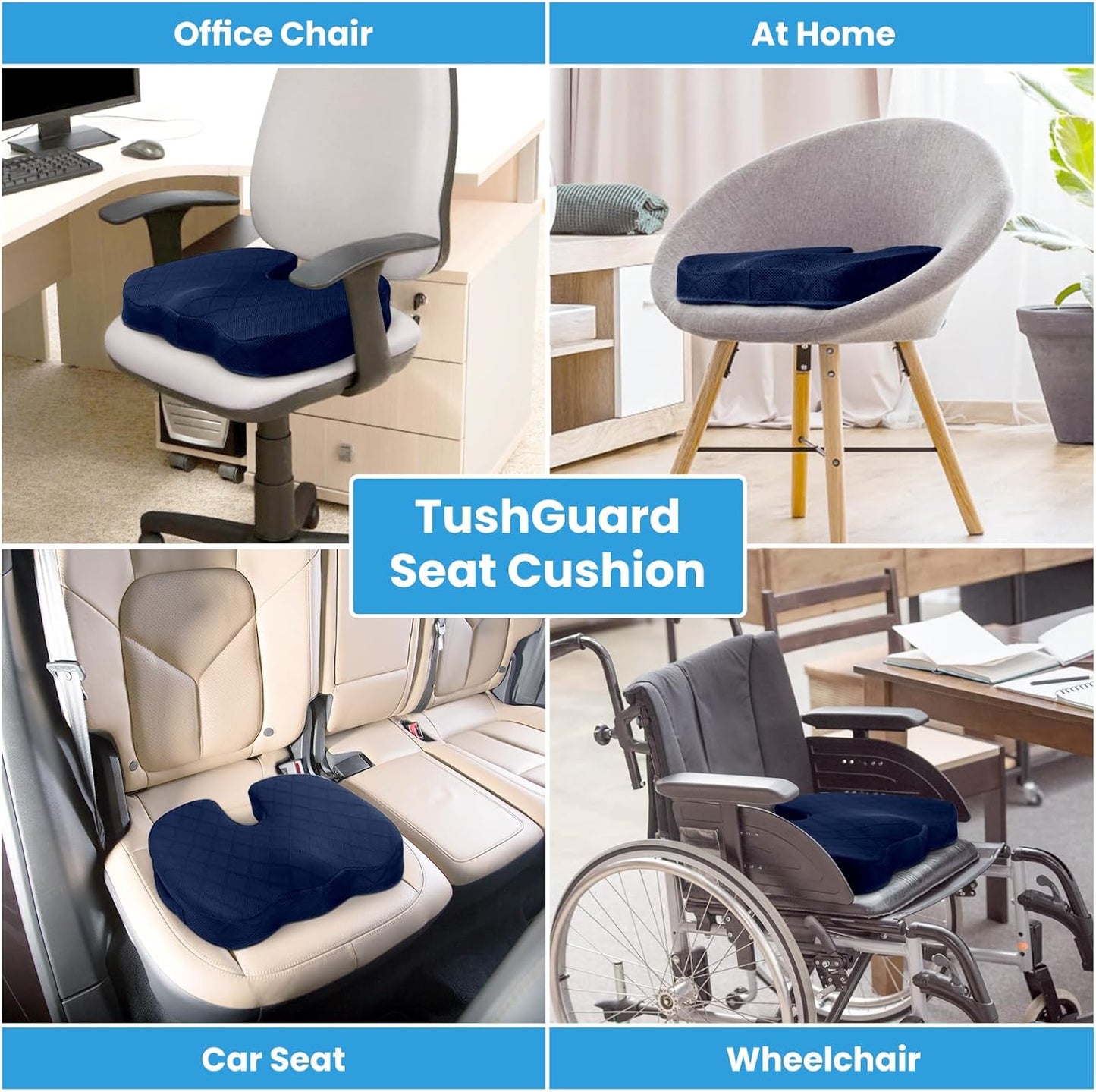 TushGuard Seat Cushion - for Office Chair, Car Seat, Airplane, Bleacher - Sciatica & Coccyx Pain Relief Desk Chair Cushion for Long Sitting Office Workers, Car Drivers(Blue,X-Large)