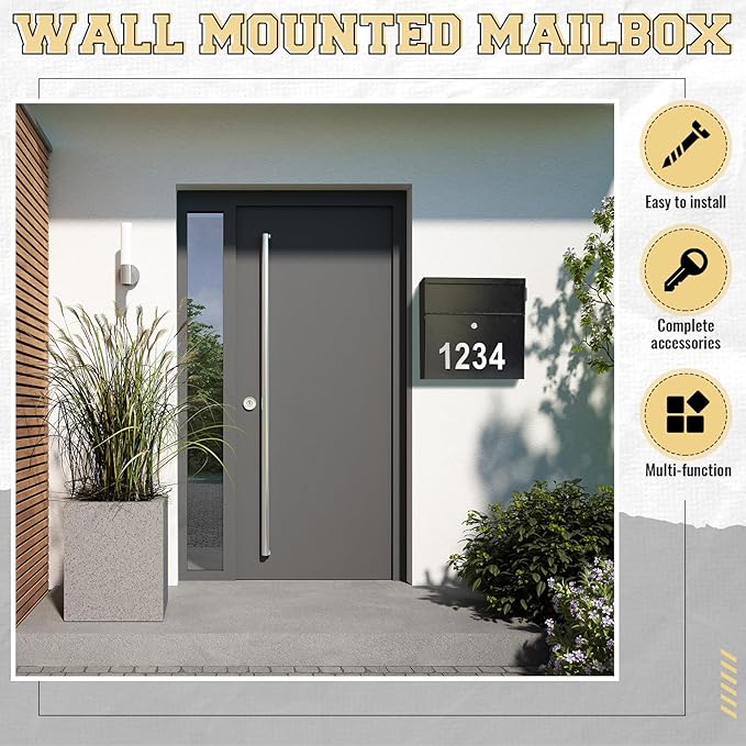 Extra Large Wall Mount Mailboxes for Outside 15.35 x 15 x 7 Inches Locking Security Mail Box Galvanized Steel Wall Mailbox Large Capacity Post Box with Key Lock and Reflective Stickers(Black)