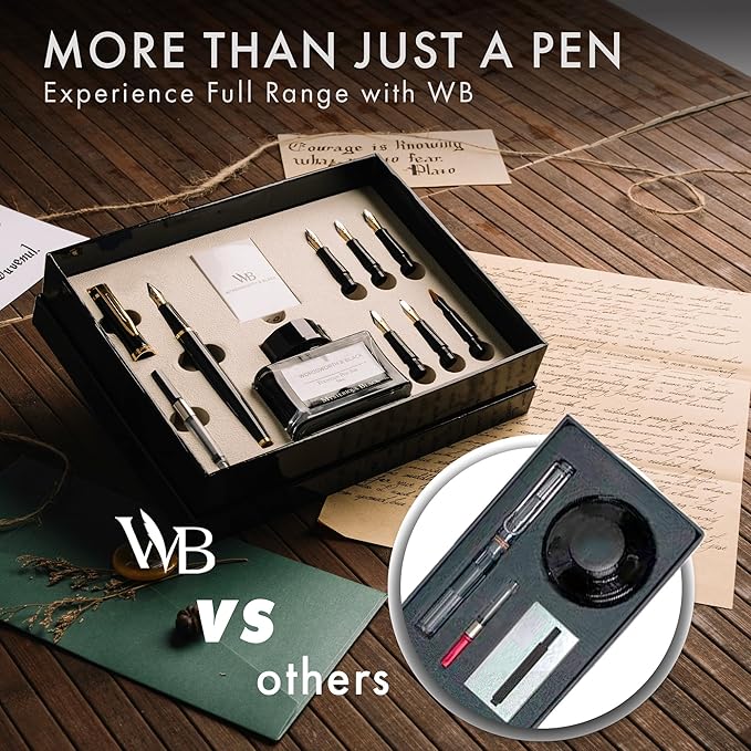 Wordsworth & Black Calligraphy Pen Gift Set, Includes Bottle, 6 Cartridges, Refill Converter, 6 Replacement Nibs, Premium Package, Journaling, Smooth Writing Pens [Black Gold]