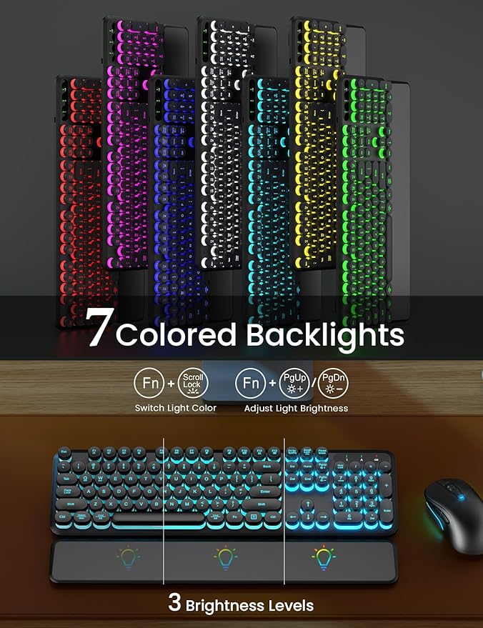 Wireless Keyboard and Mouse Backlit - Typewriter Keyboard with Detachable Wrist Rest, Retro Round Keycaps, Light Up Letters, 2.4G Cordless Combo for Mac, Windows, PC, Laptop, Trueque [2024 Upgraded]