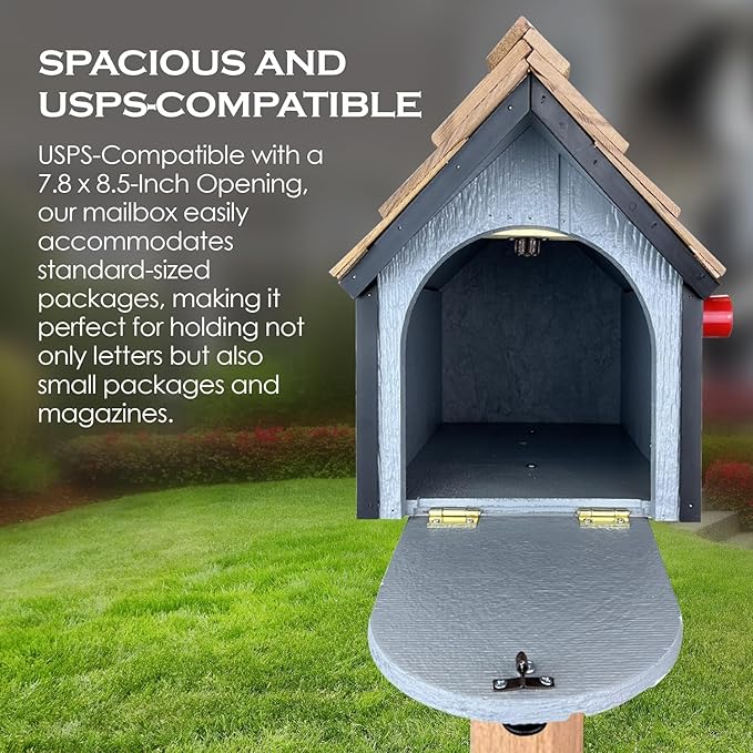 Peaceful Classics Amish Cedar Roof Wooden Mailbox with Window & Door Trim, Handcrafted Mailboxes for Outside, Post Mount Residential Mailboxes - (Country Blue & White, Wood)