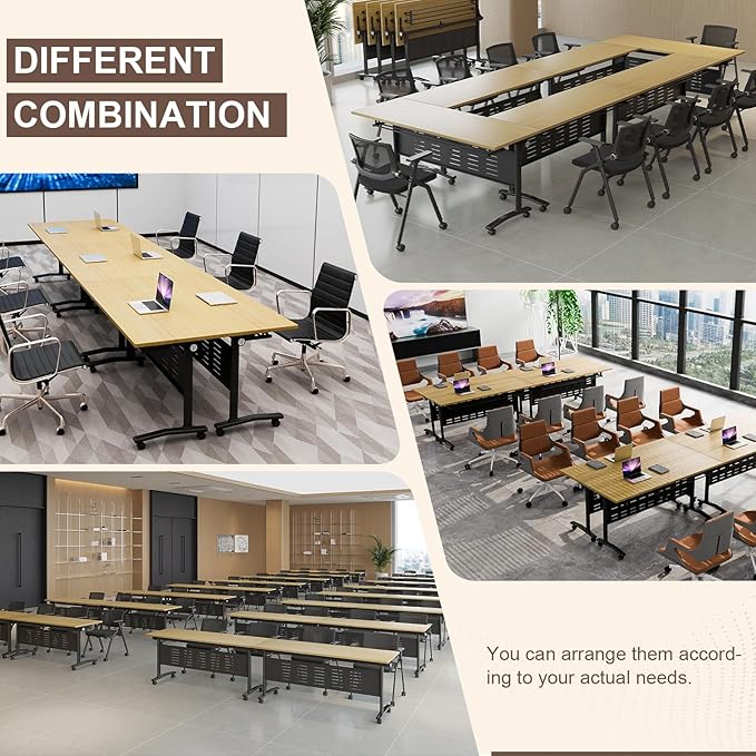Folding Conference Room Table, Modern Conference Tables with Wheels, Large Rectangular Mobile Training Tables for Office Classroom, Foldable Modular Boardroom Seminar Table Maple (6pack L55.1in)
