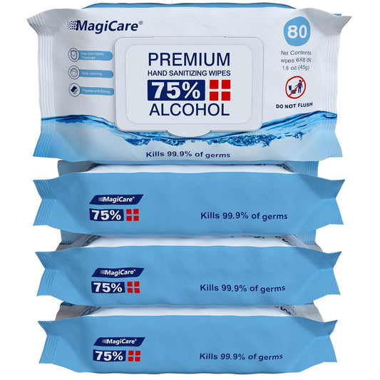 MagiCare 75% Large Alcohol Wipes (4-80ct Packs) - Alcohol Hand Sanitizing Wipes, Premium - Unscented Hand Wipe, Sanitizer Wipe - Travel, Home, Classroom, Camping - 4 Soft Packs (320pcs)