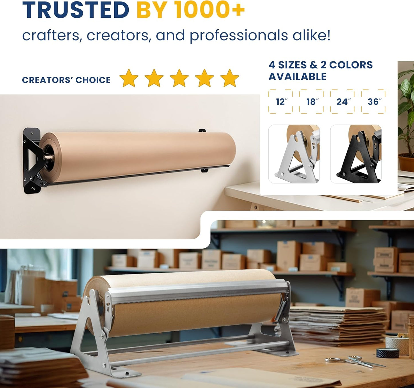 DIY Crew 18 Inch Paper Roll Dispenser and Cutter - Heavy-Duty Wall Mountable, Non Slip Tabletop - Kraft, Freezer, Butcher Paper - Up to 1000ft Rolls