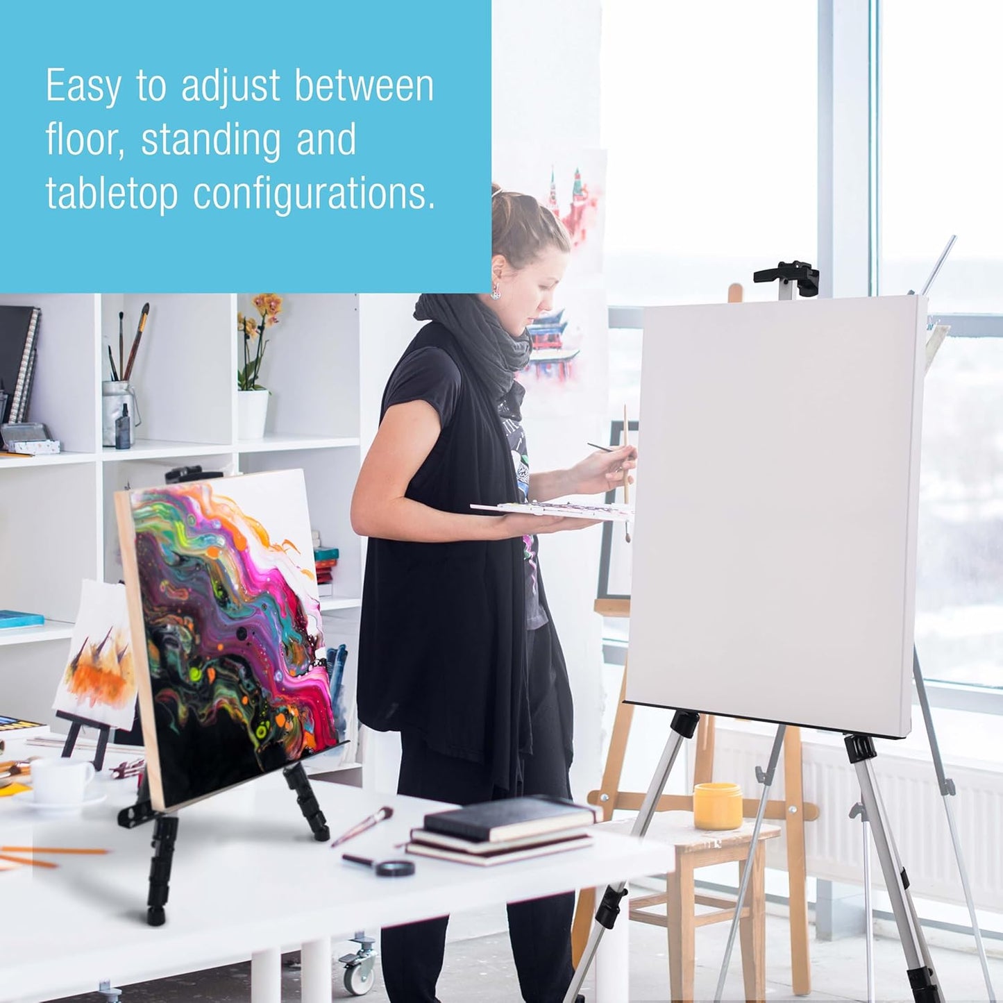 U.S. Art Supply 66" Silver Metal Tripod Easel Display (10 Pack) - Adjustable 18"- 5.5', Holds 36" Canvas - Floor/Tabletop Easel Stand, for Sign Display, Painting, Poster Board, Canvas - Portable Bag