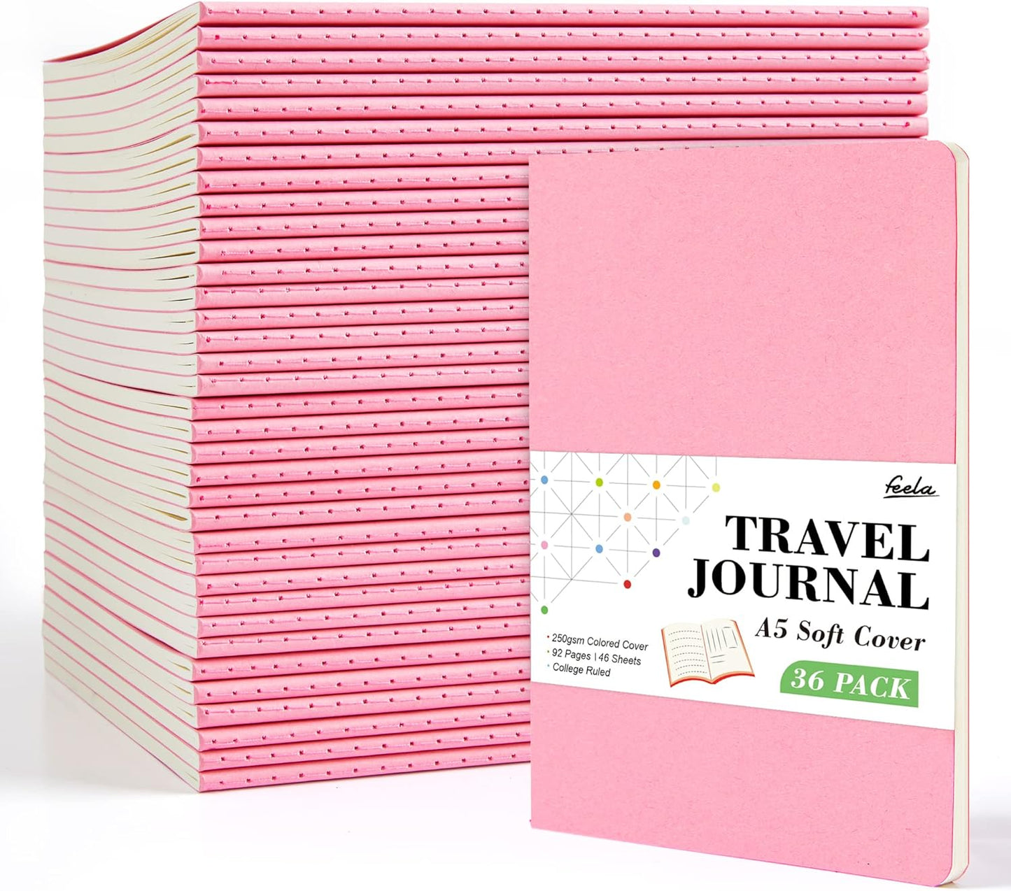 feela 36 Pack Soft Cover Journal Bulk, Lined Blank Travel Journal for Women Men Writing, Notebooks College Ruled for Work, Note Taking Notebook School Business Supplies, 8.2” x 5.5”, A5, Pink