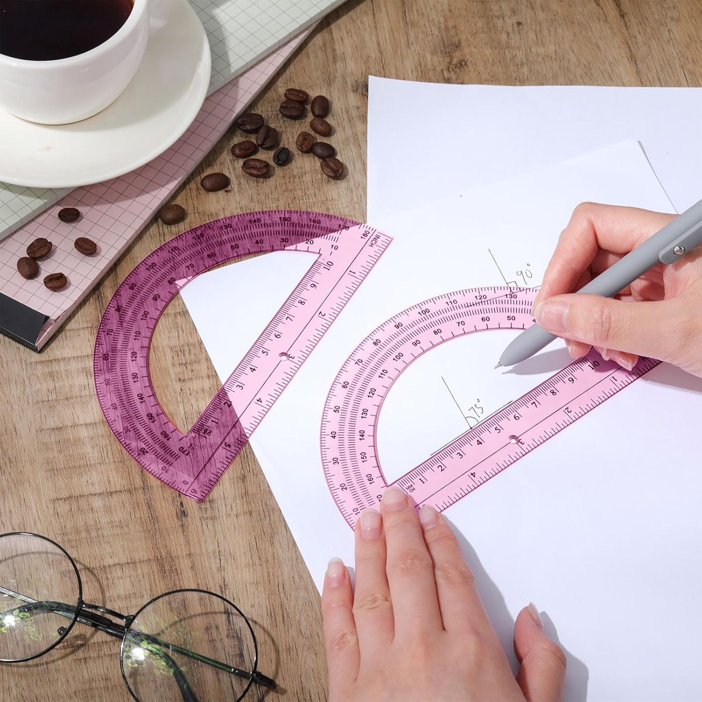 Zonon 2 Pcs 6 Inch Plastic Protractor Math Protractors 180 Degrees Angle Measurement, Translucent for Geometry Classroom Kid Student School Office Supplies(Light Pink)