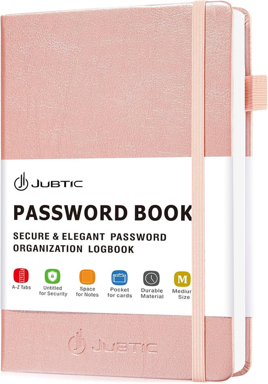 JUBTIC Password Book with Alphabetical Tabs. Medium Size Password Notebook for Internet Website Address Log in Details. Hardcover Password Journal & Organizer for Home Office, Rose Gold