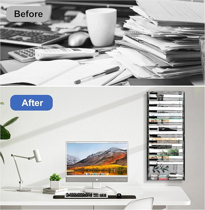 EasyPAG 14 Tier Wall File Holder with Flat Tray, Black | Easy Assemble Mesh Desk File Organizer | 13-Folder Paper Storage | Replaceable Classify Labels | Space Saving Mail Organizer for Office Home