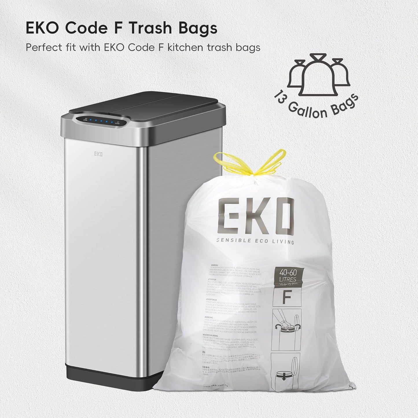 EKO Phantom-T 50 Liter / 13.2 Gallon Vertical Motion Sensor Trash Can, Brushed Stainless Steel Finish
