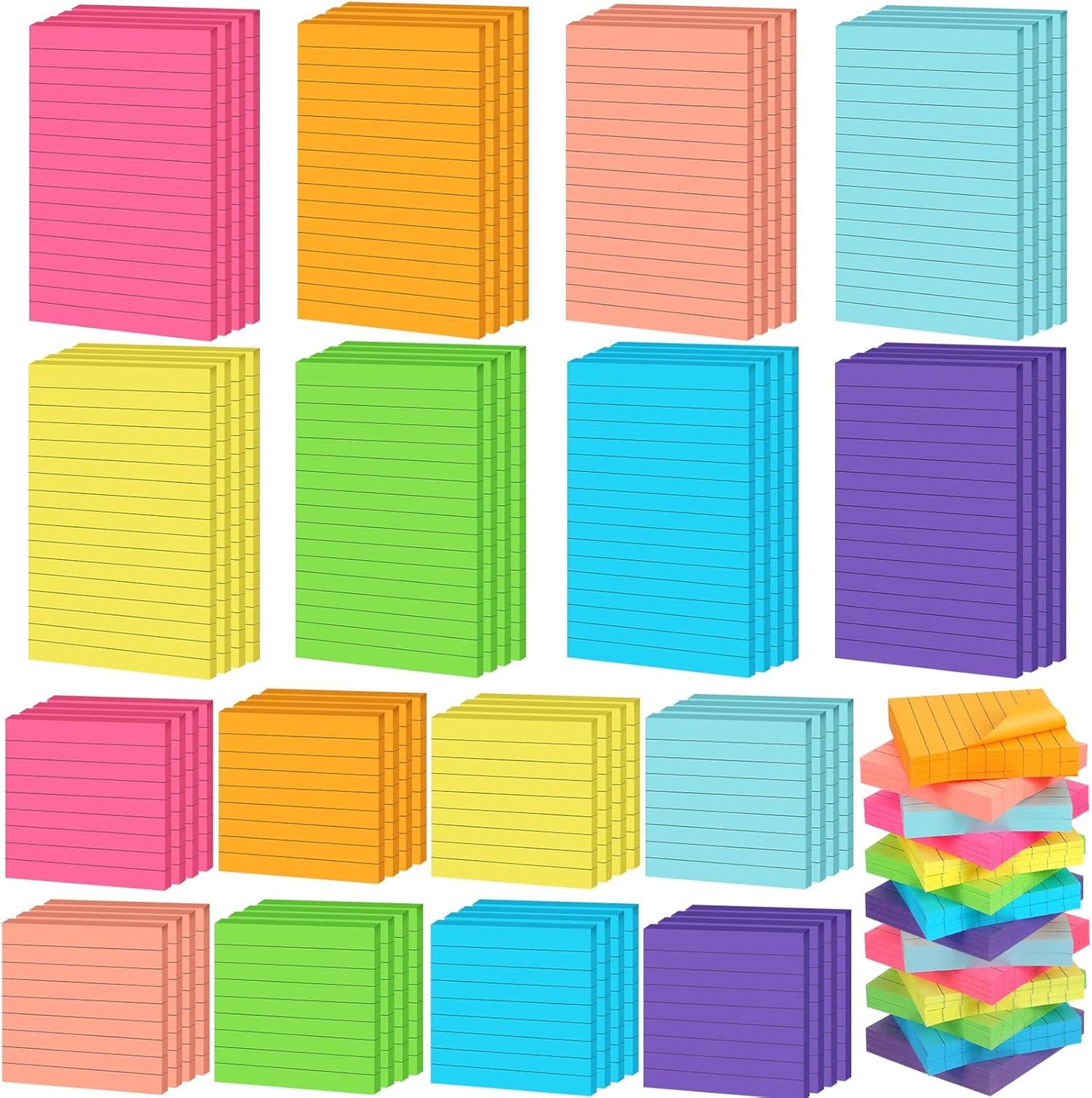 Yexiya 64 Pcs Lined Sticky Notes Self Stick Notes with Lines Bright Assorted Colors Sticky Pad for Home Office Products Post Memos, 1920 Sheets(4 x 6 Inch, 3 x 3 Inch,Vivid Color)