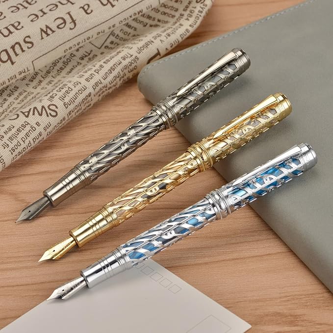 Hongdian A6 Piston Fountain Pen Extra Fine Soft Nib, Silver Blue Hollow Skeleton & Resin Pen with Metal Case Set
