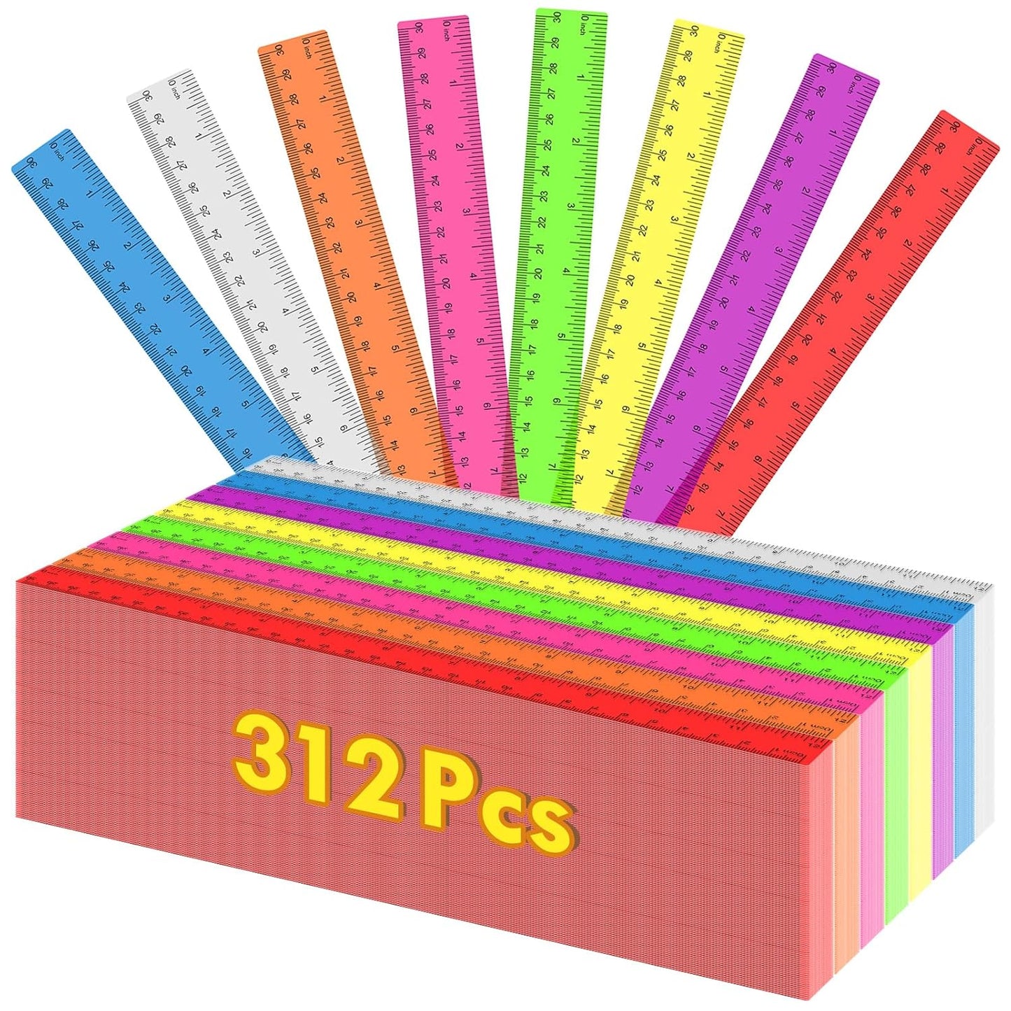312 Pack Plastic Ruler Bulk, 12 Inch Plastic Ruler in Assorted Colors, Clear Rulers with Inches and Centimeters, Transparent Rulers Bulk for Kids Back to School, Classroom, Office, Home Supplies