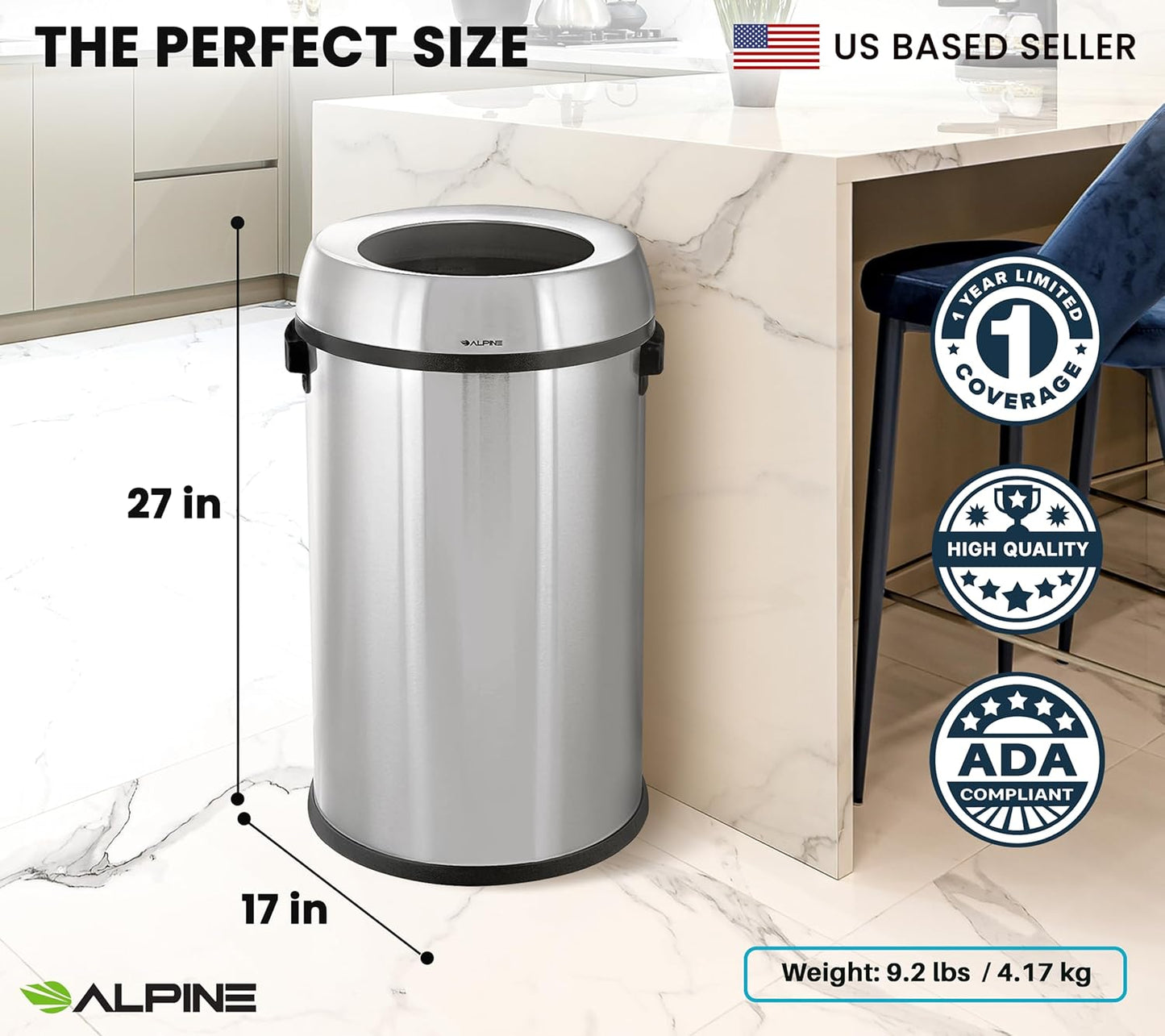 Alpine 17 Gallon Stainless Steel Open Top Trash Can – Commercial-Grade, Corrosion-Resistant, Brushed Finish, Large Capacity Garbage Bin for Home, Office, Restaurant & High-Traffic Areas.