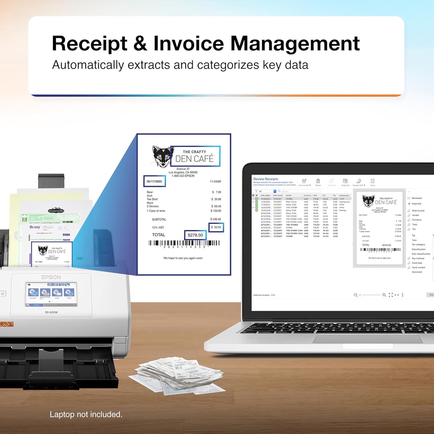 Epson RapidReceipt RR-600W Wireless Desktop Color 2-Sided Receipt & Document Scanner with ScanSmart AI PRO Receipt Management & PDF Software for PC & Mac, Touchscreen & 100-Page Auto Document Feeder