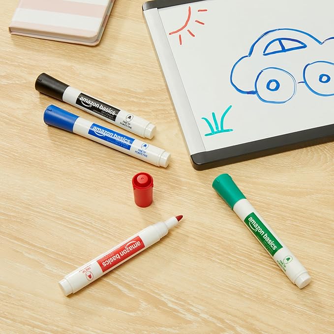 Amazon Basics Low-Odor Dry Erase Whiteboard Markers, Fine Tip, 4 Assorted Colors, 36 Count